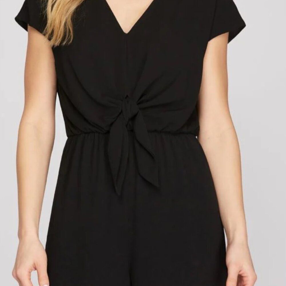 She + Sky Black Drop Shoulder Tie Front Woven Romper - Size L